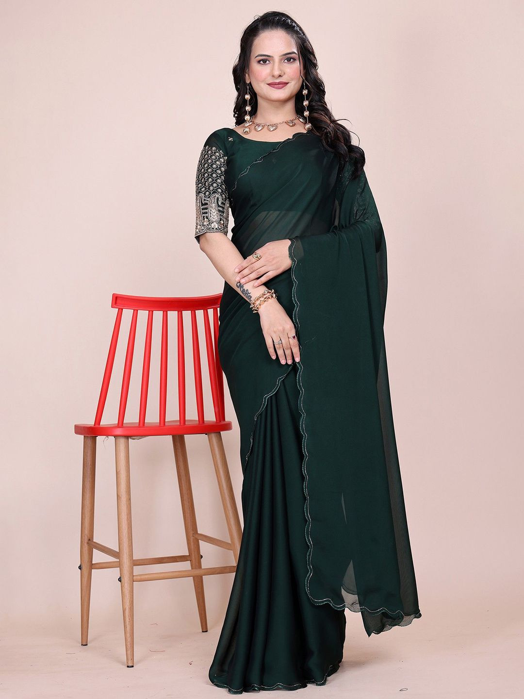 K 5 Fashion Beads and Stones Pure Chiffon Maheshwari Saree