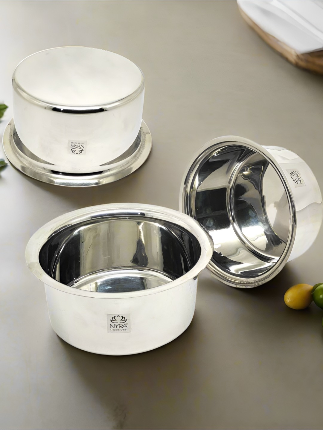 Nyra Kitchenware Steel 3 Pieces Dishwasher Safe Stainless Steel Cooking Pots