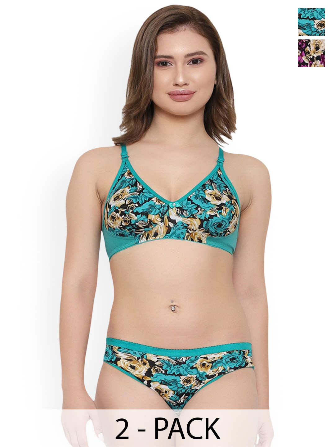 TACE Pack Of 2 Floral Printed Non-Padded Underwired Lingerie Set-F2_Green_Purple sets_30
