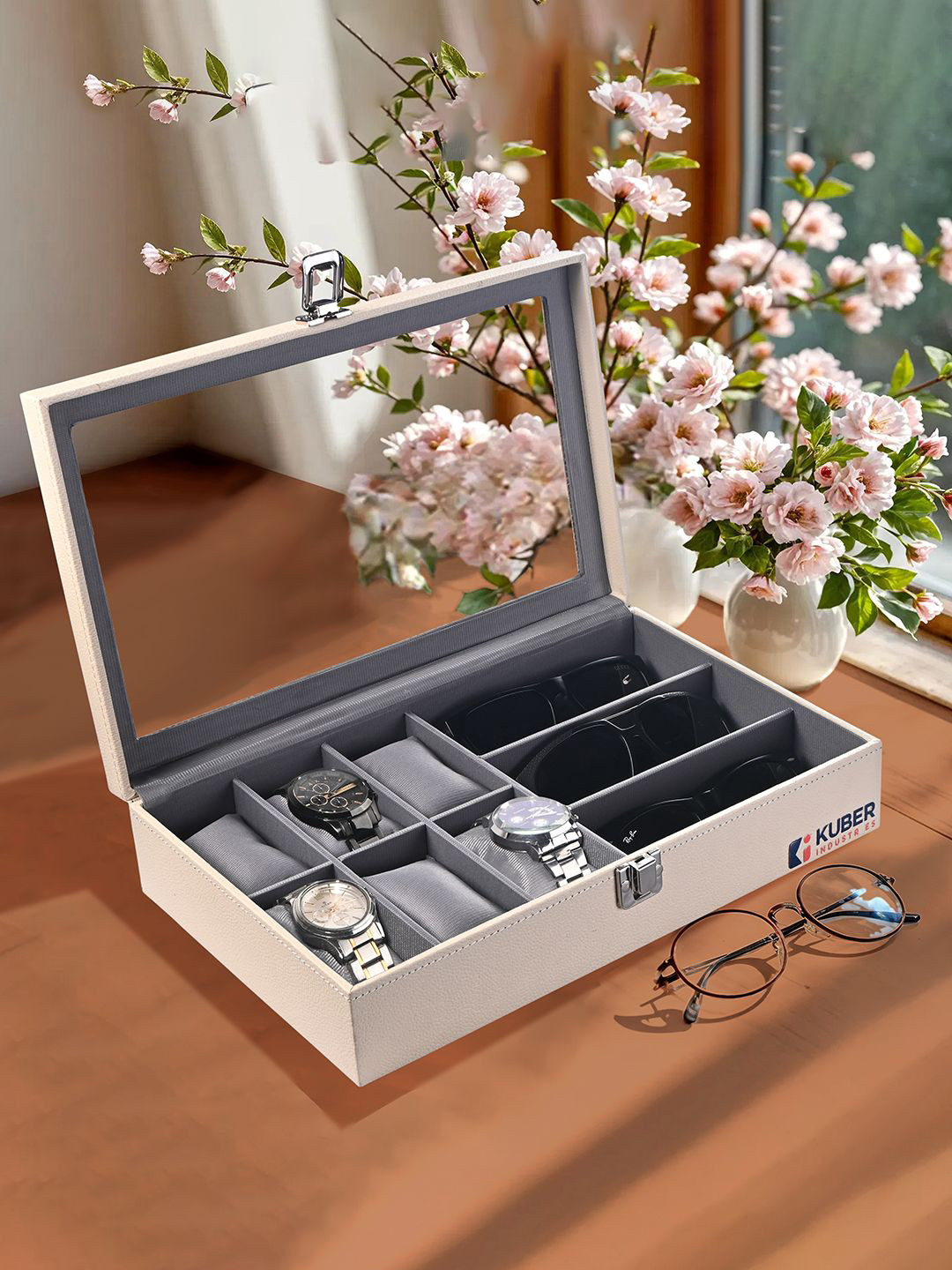 Kuber Industries Cream Coloured & Grey 6+3 Slots Wrist Watch Organizer Box