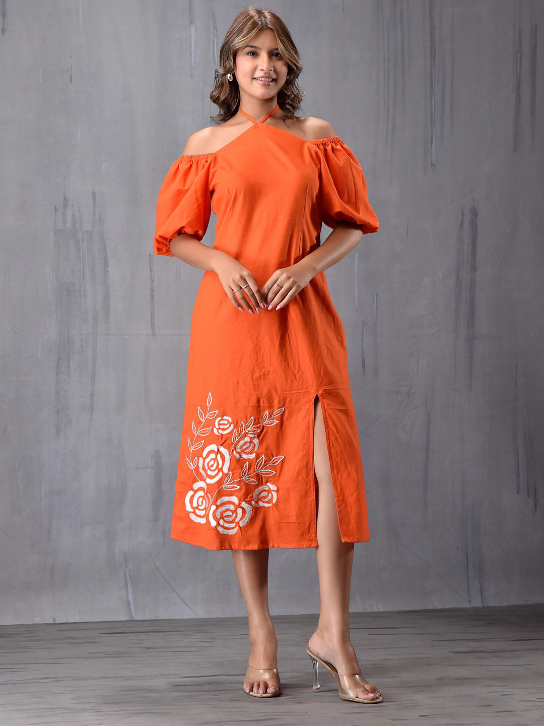 MODA-Q Women Floral Embroidered Slits Halter Neck Cotton A-Line Midi Dress