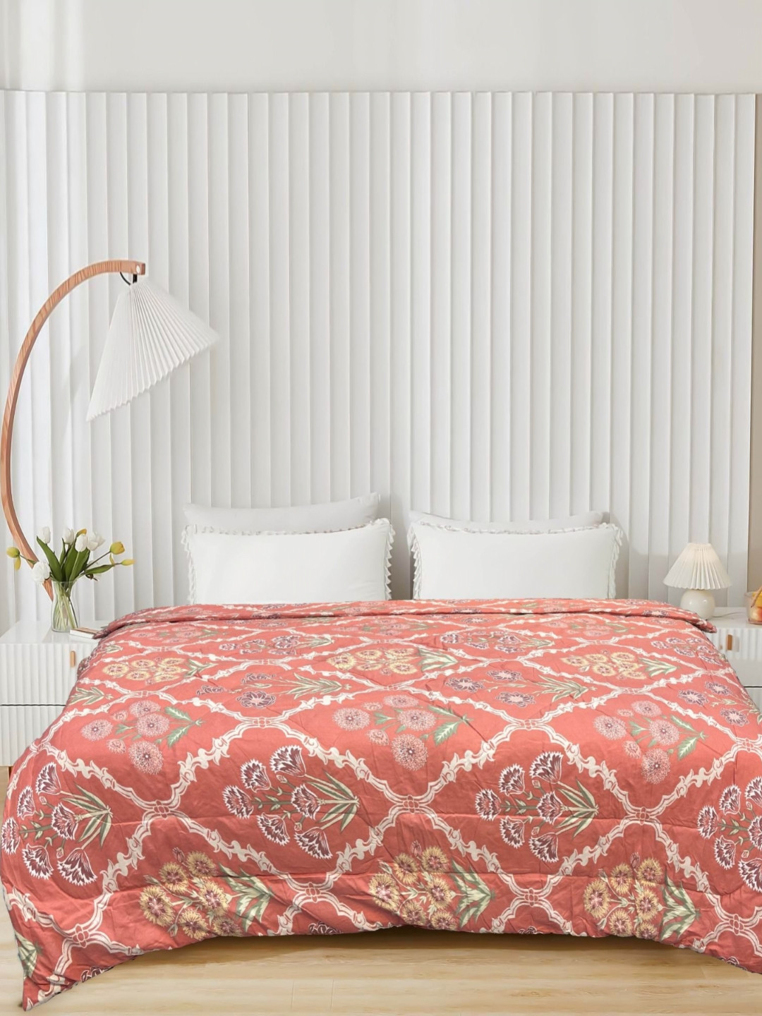 Aura Coral & Brown Floral Microfiber AC Room 300 GSM Double Bed Comforter