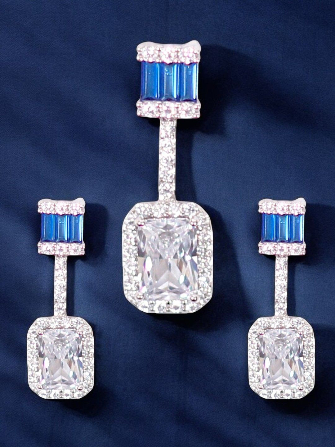 Taraash 925 Sterling Silver Silver-Plated Baguette-Studded Pendant Set