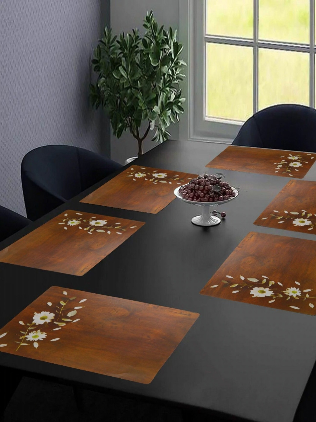 Aura 6-Pcs Brown & White Printed Rectangular Heat Resistant Anti-Slip Table Placemats