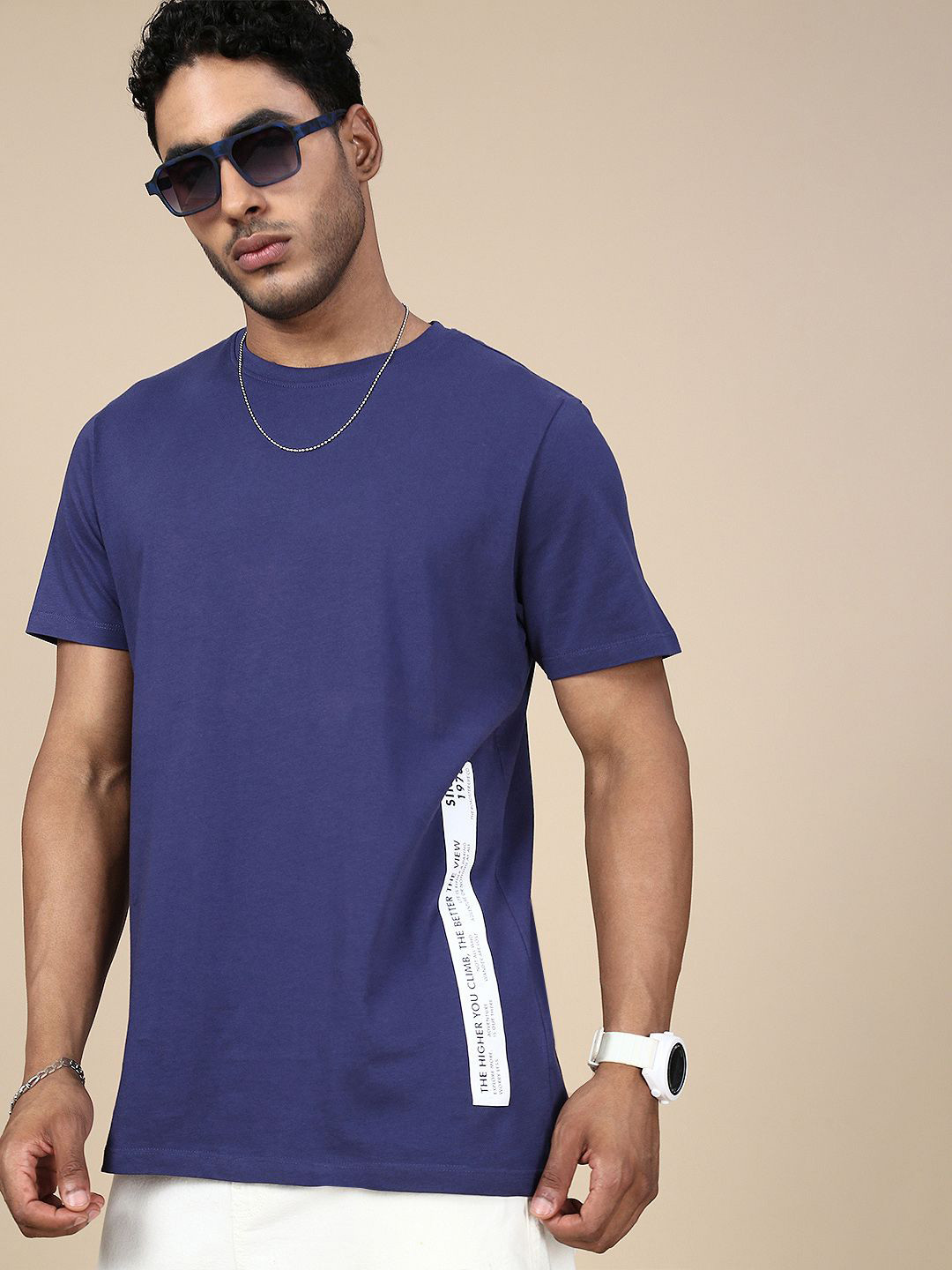 Roadster Side Printed Pure Cotton Round Neck T-Shirt