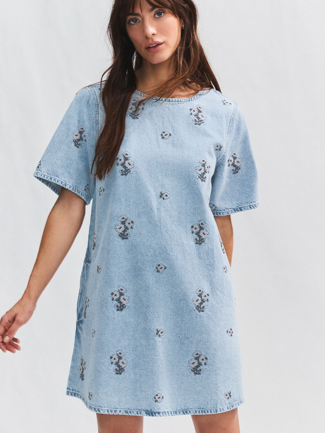 NEXT Pure Cotton Floral Print Denim T-shirt Dress