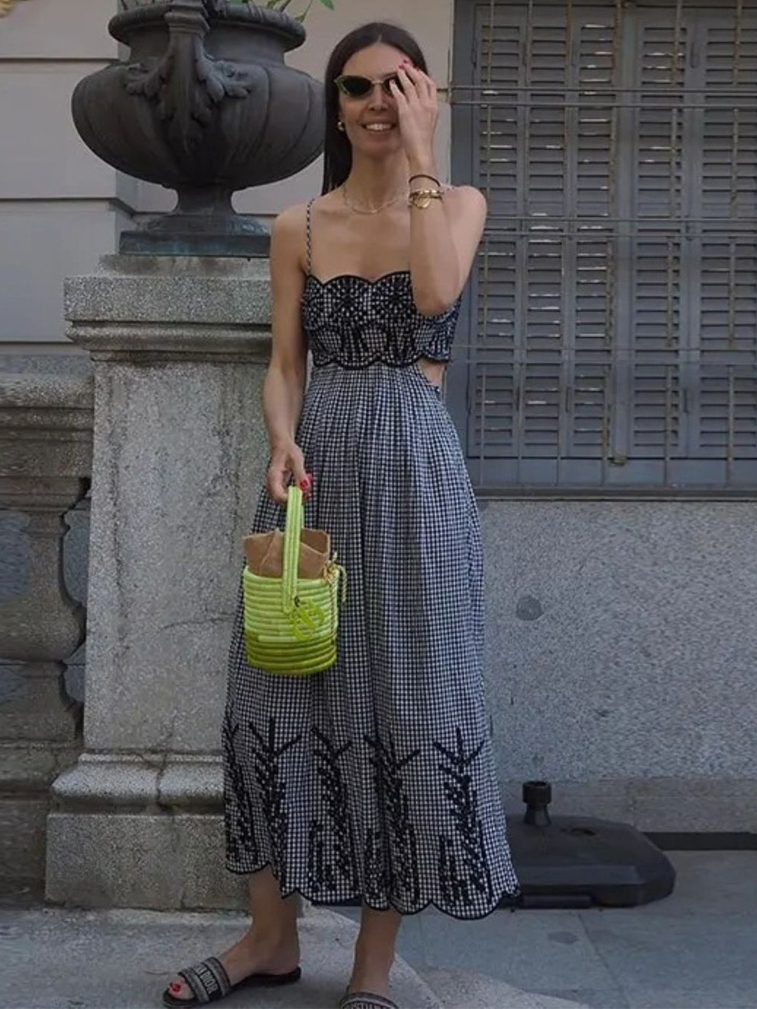 bebe Gingham Cutout Embroidered Hem A-line Midi Dress