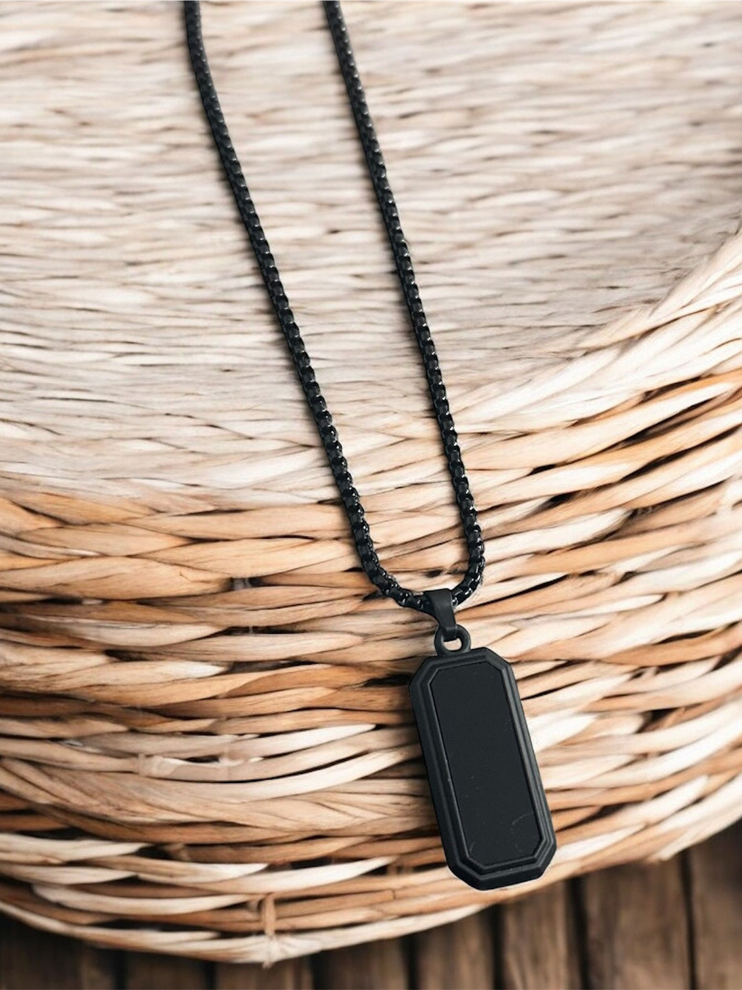 Nitant Men Black Glass Cut Rectangular Shaped Pendant with Chain