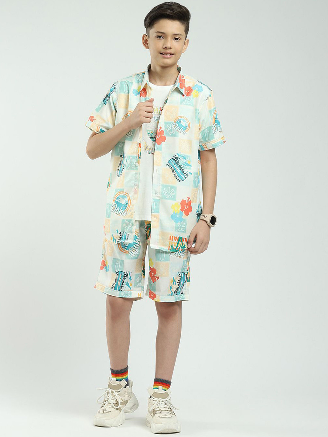 Monte Carlo Boys Graphic Printed Round Neck T-Shirt With Shorts & Shirt