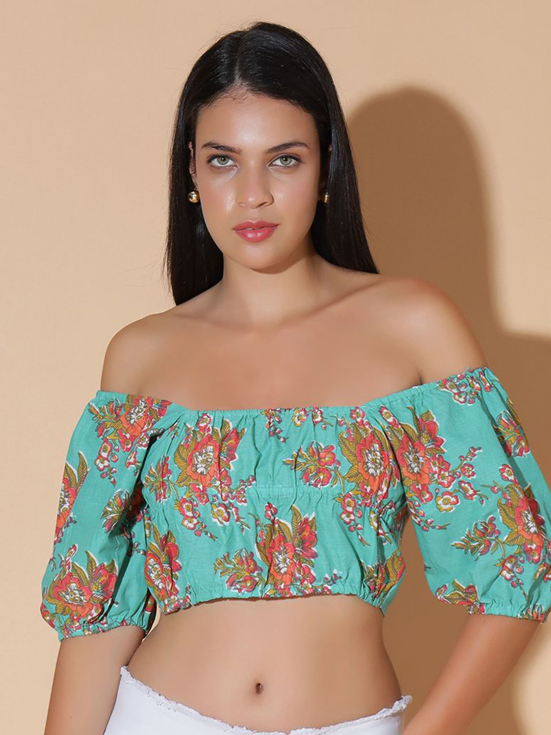 MOSHI Women Floral Print Off-Shoulder Puff Sleeve Cotton Bardot Crop Top