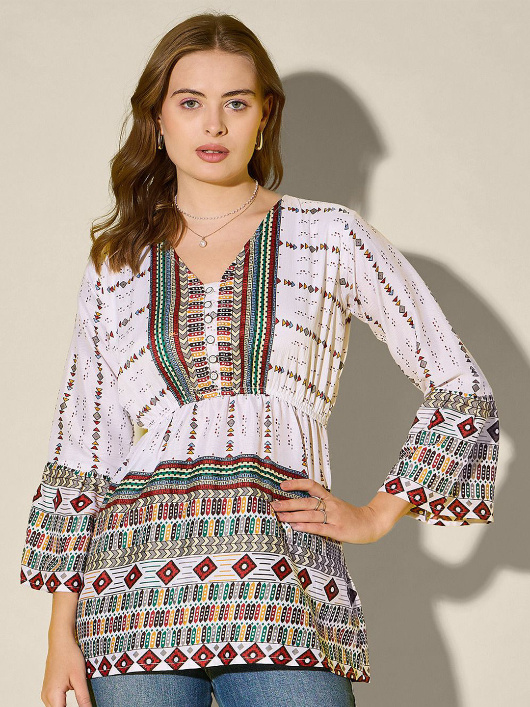 Tribal Printed V-Neck Longline Top