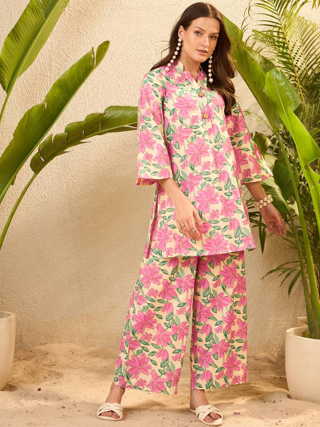 IMANA Printed V-Neck Top With Trousers Co-Ords