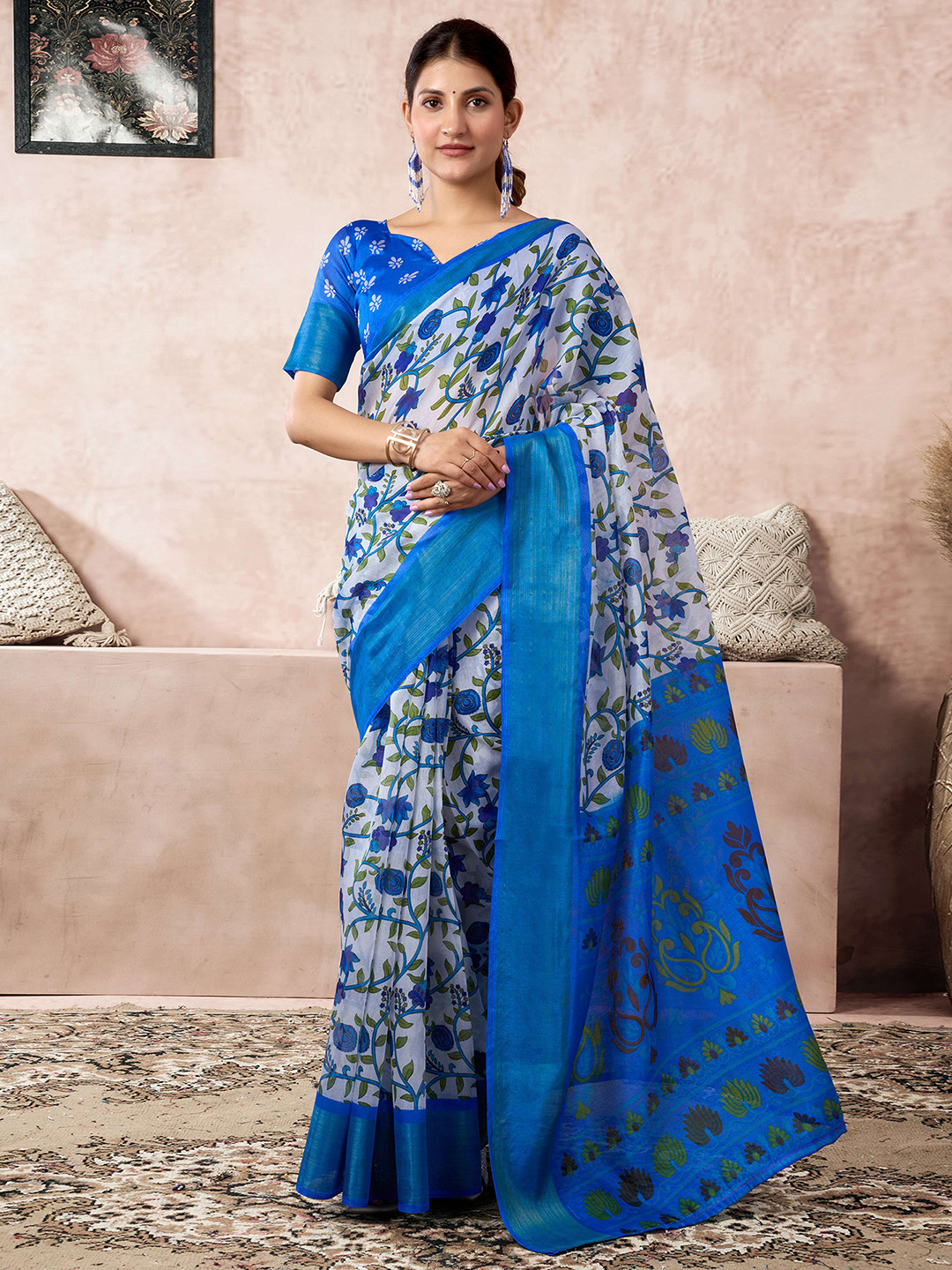 KALINI Floral Printed Zari Saree