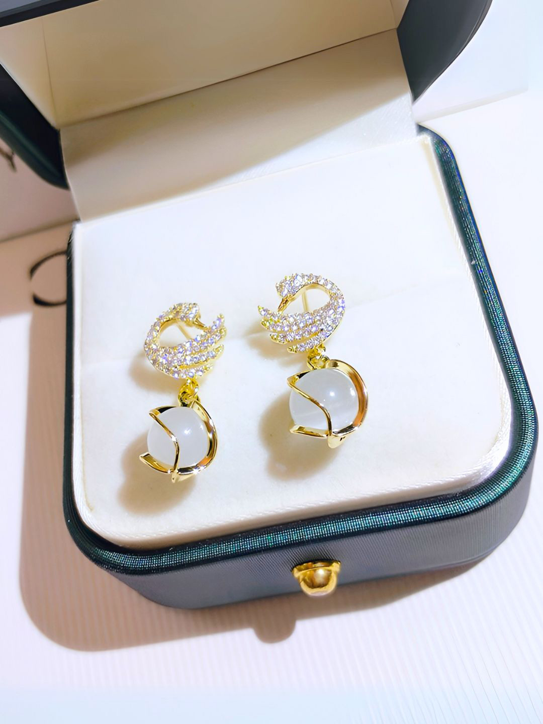 COOLWOOL Korean Gold-Plated Artificial Stones Studded Contemporary Drop Earrings