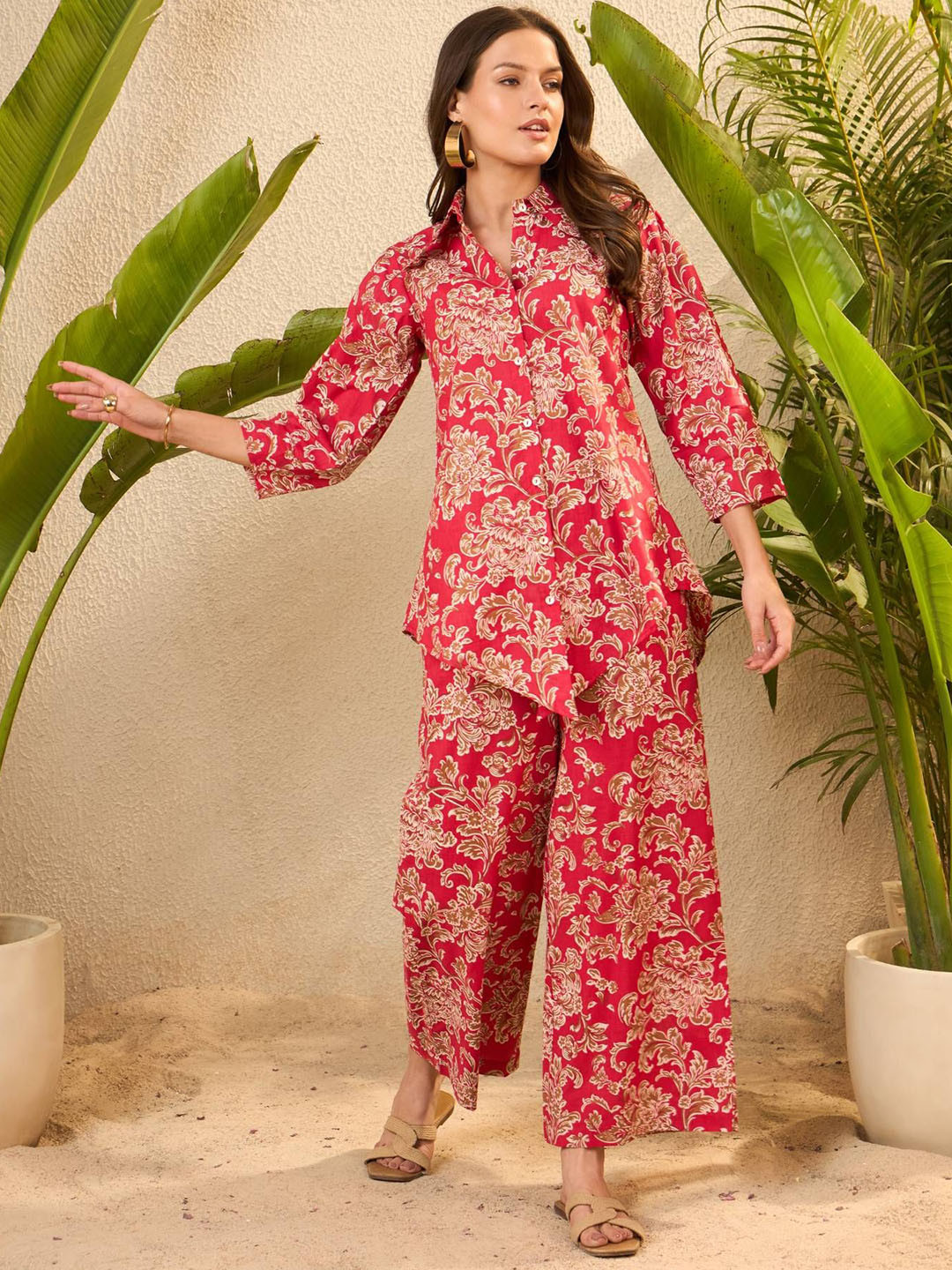 IMANA Printed Pure Cotton Collar Neck Top With Trousers Co-Ords