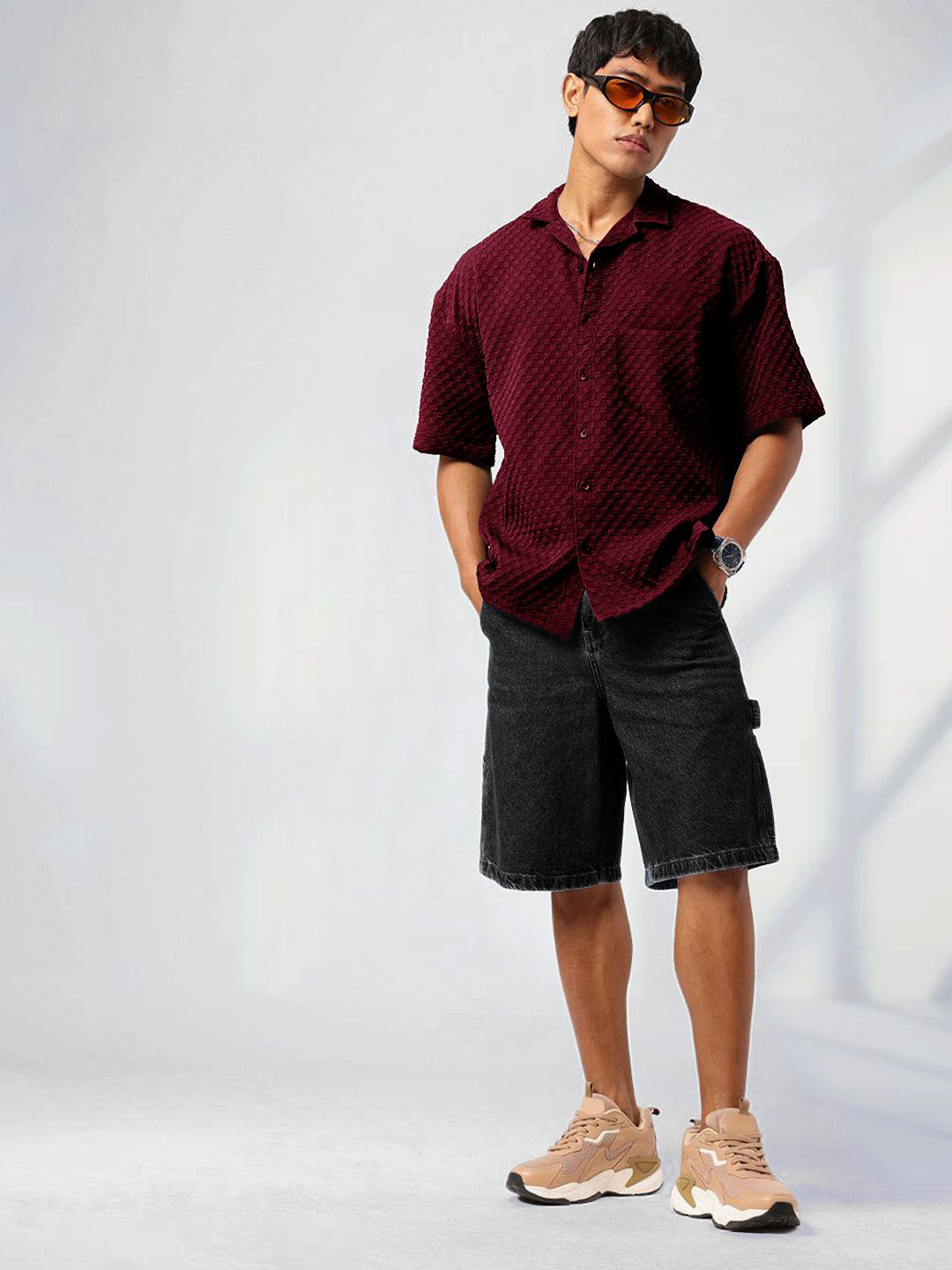 Tee Projekt Standard Geometric Self Design Short Sleeves Casual Popcorn Shirt