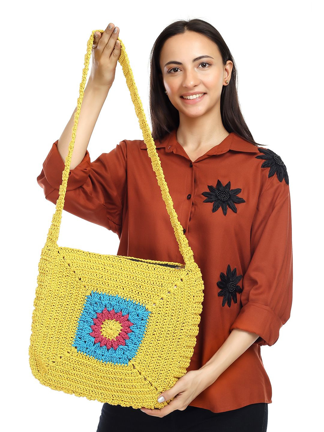 ITIHASIKALA Textured Chrysanthemum Quad Spirit-Crochet Cotton Crossbody Sling Bag