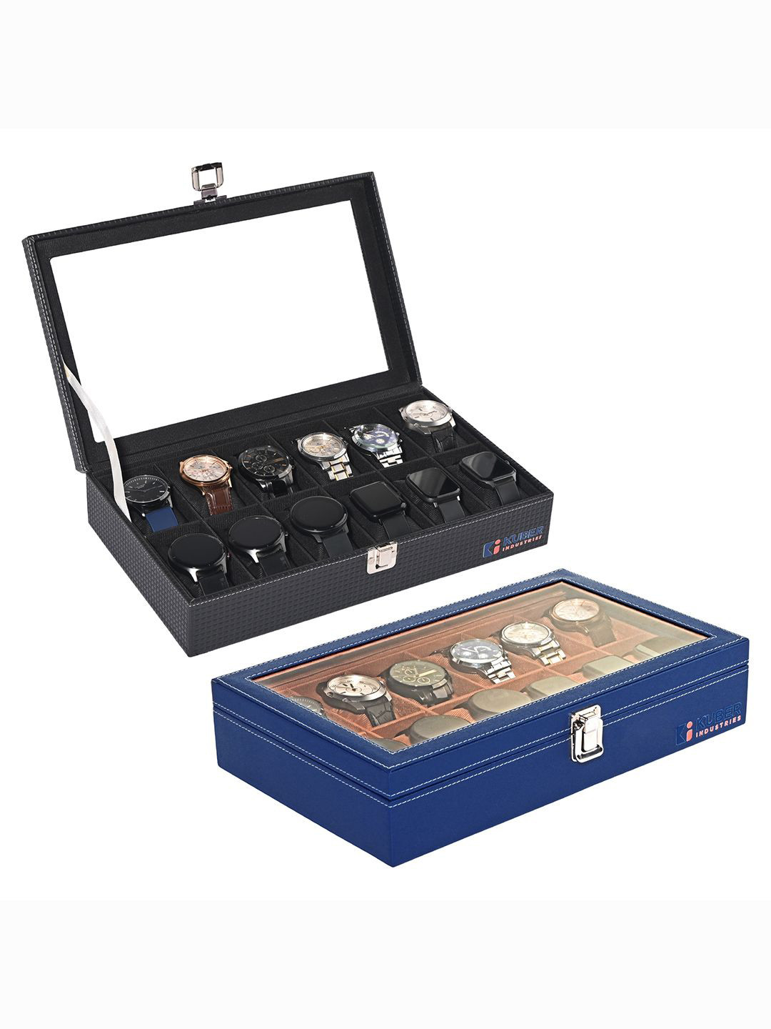 Kuber Industries Black & Navy Blue 2 Pcs Premium Leather 12 Slot Wrist Watch Organiser Box
