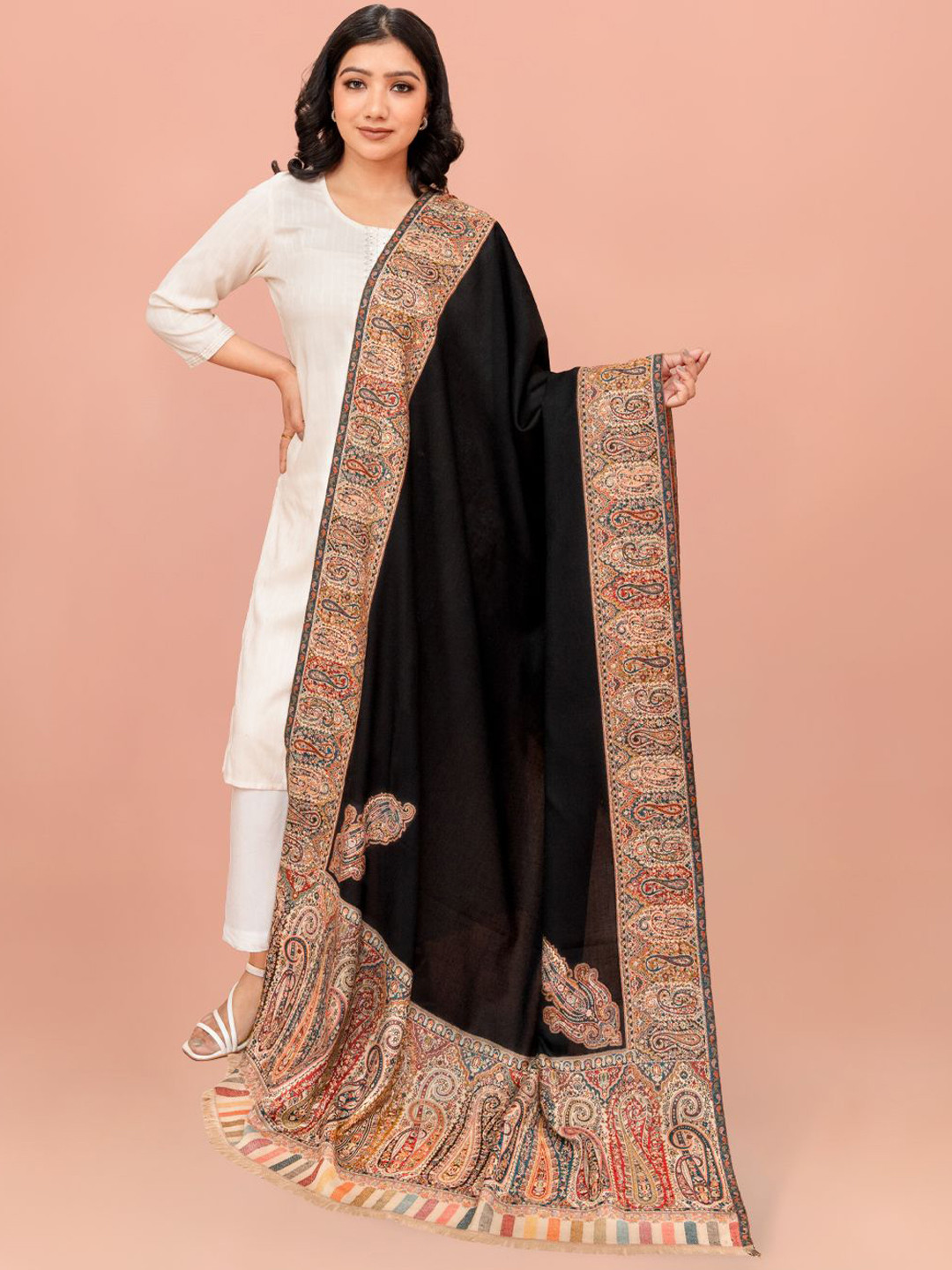 Kala Maison Black Floral Traditional Kaani Woven Pure Wool Shawl