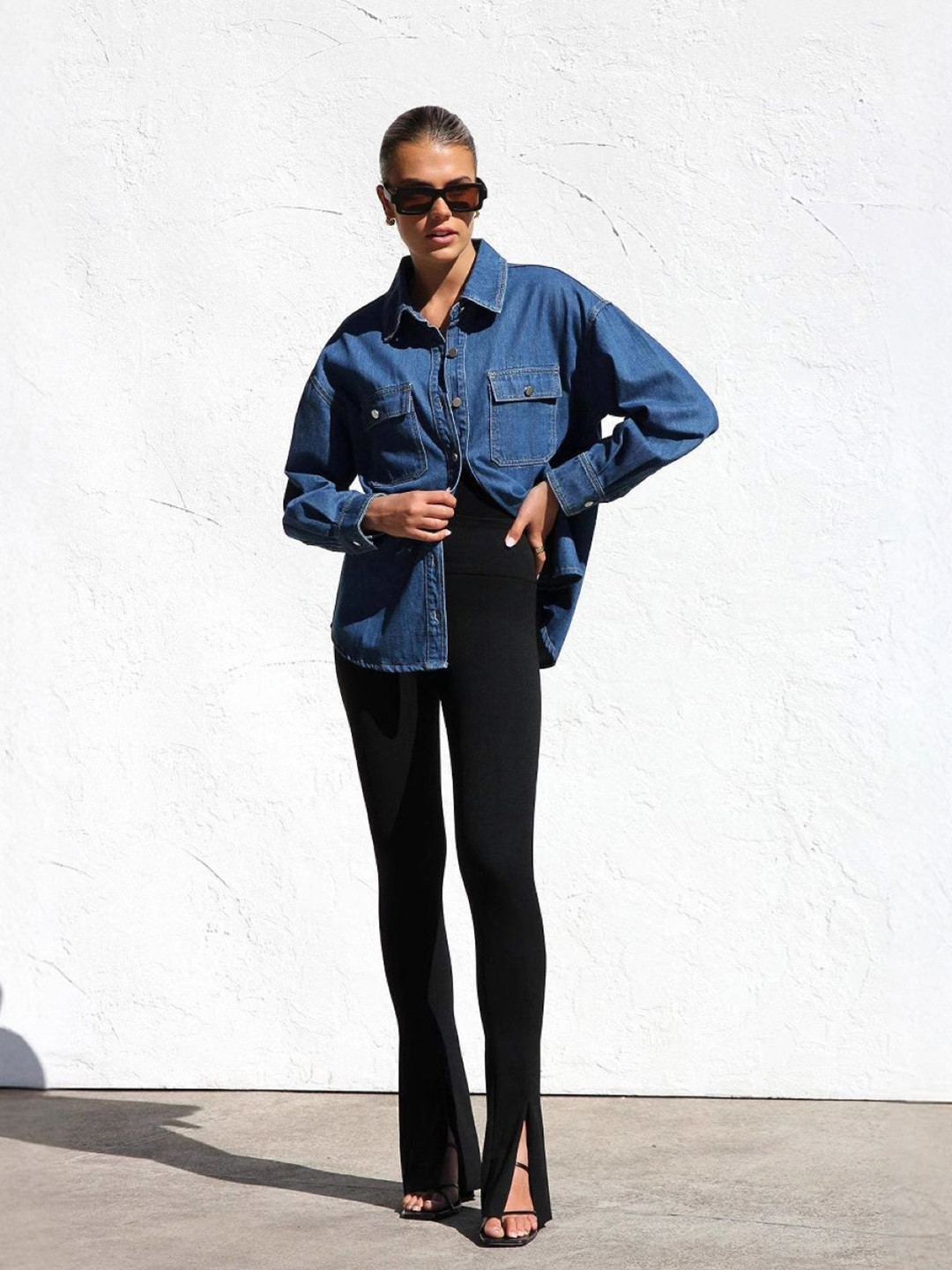 bebe Denim Oversized Button Up Shirt with Dual Patch Pockets