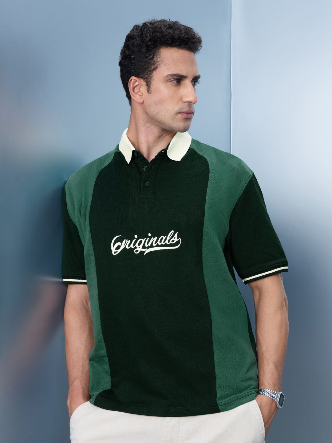 The Souled Store Fern Oversized Colourblocked Polo Collar Pure Cotton T-Shirt