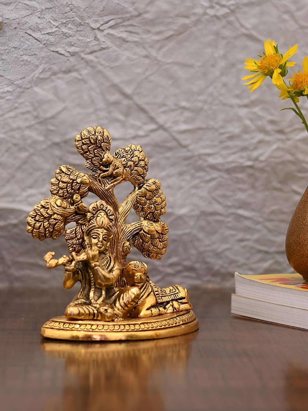 Aura Gold-Toned & Black Lord Krishna & Cow Religious Idol Showpiece