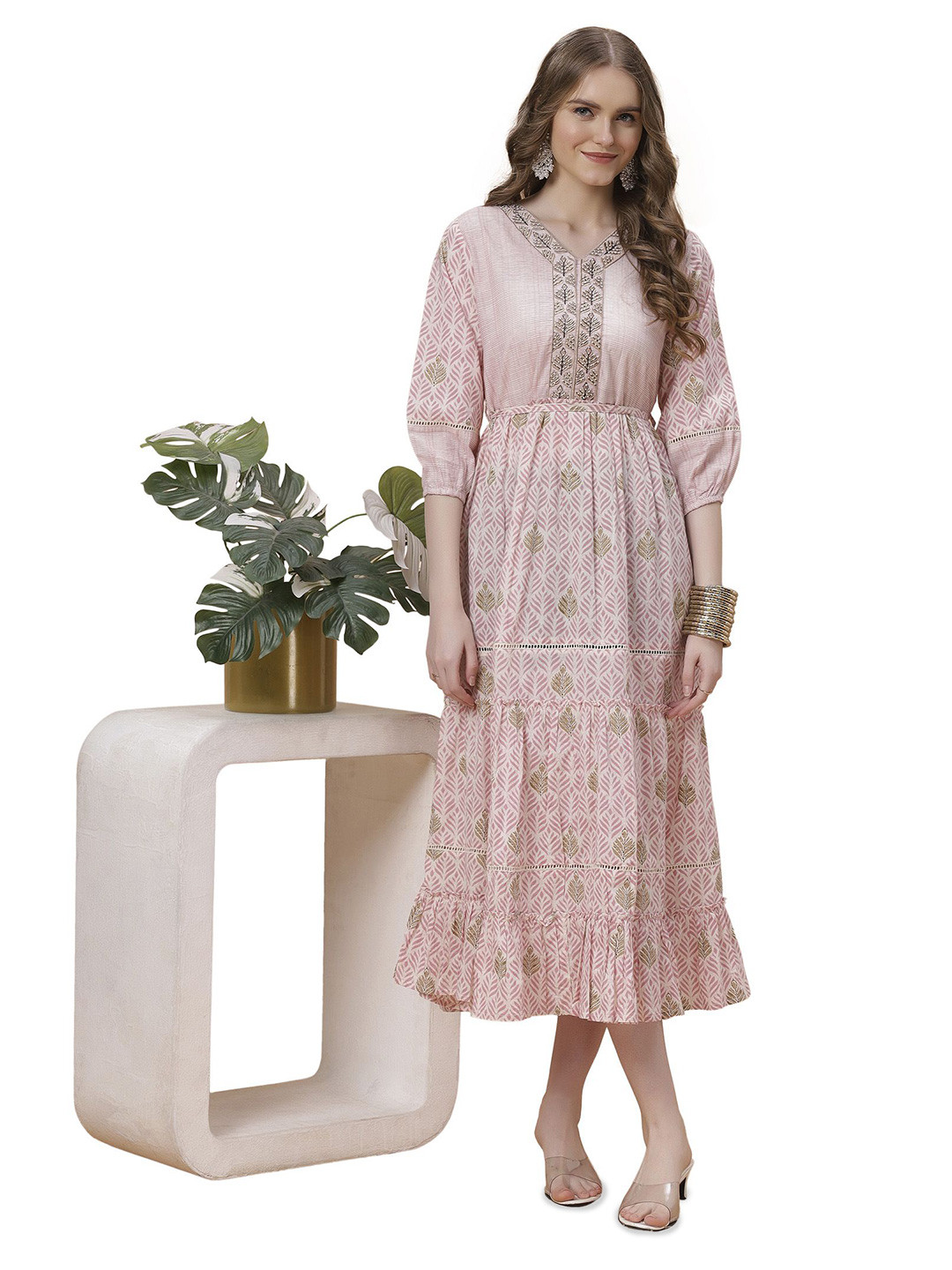 FANTASIA Women Floral Print Gathered or Pleated A-Line Midi Dress