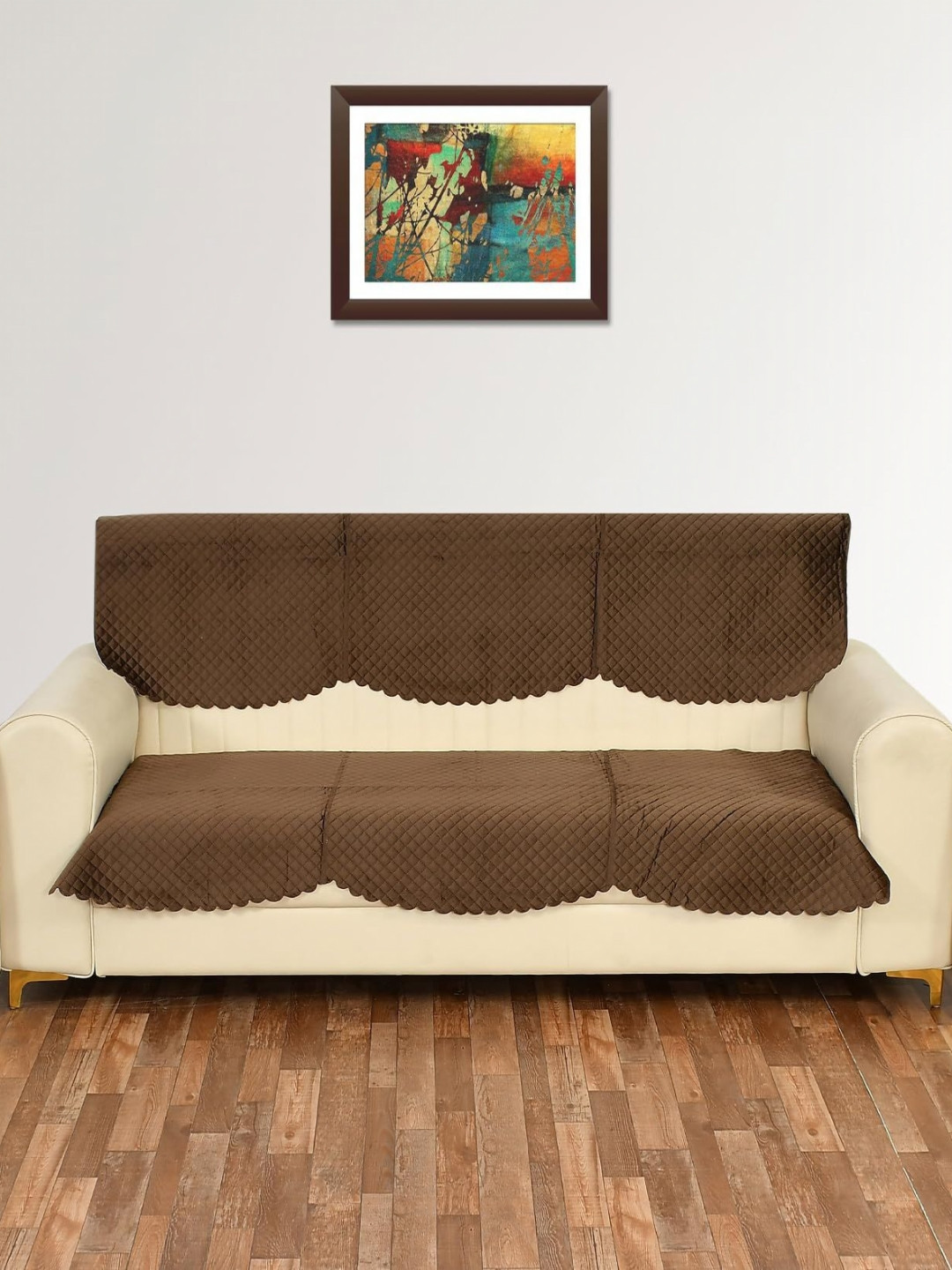 Aura Camel Brown Geometric Velvet Washable 2PC Straight 3 Seater Sofa Cover-69x27In