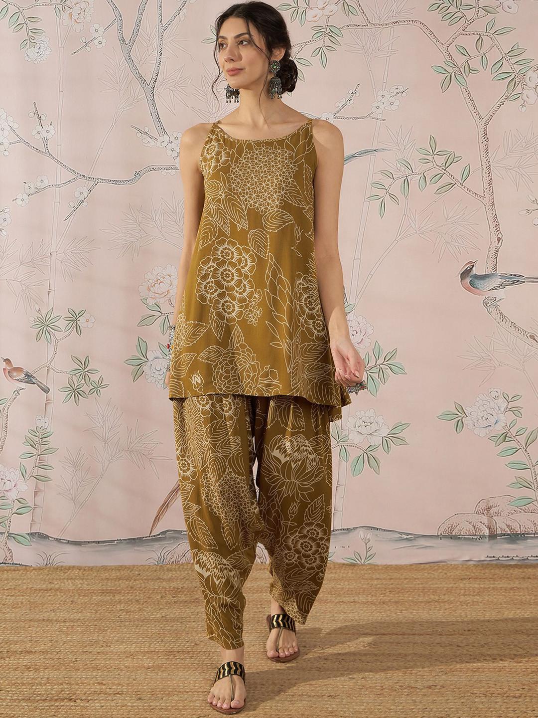 InWeave Rose Leaf Printed Strappy Tunic & Trousers Co-Ord Set