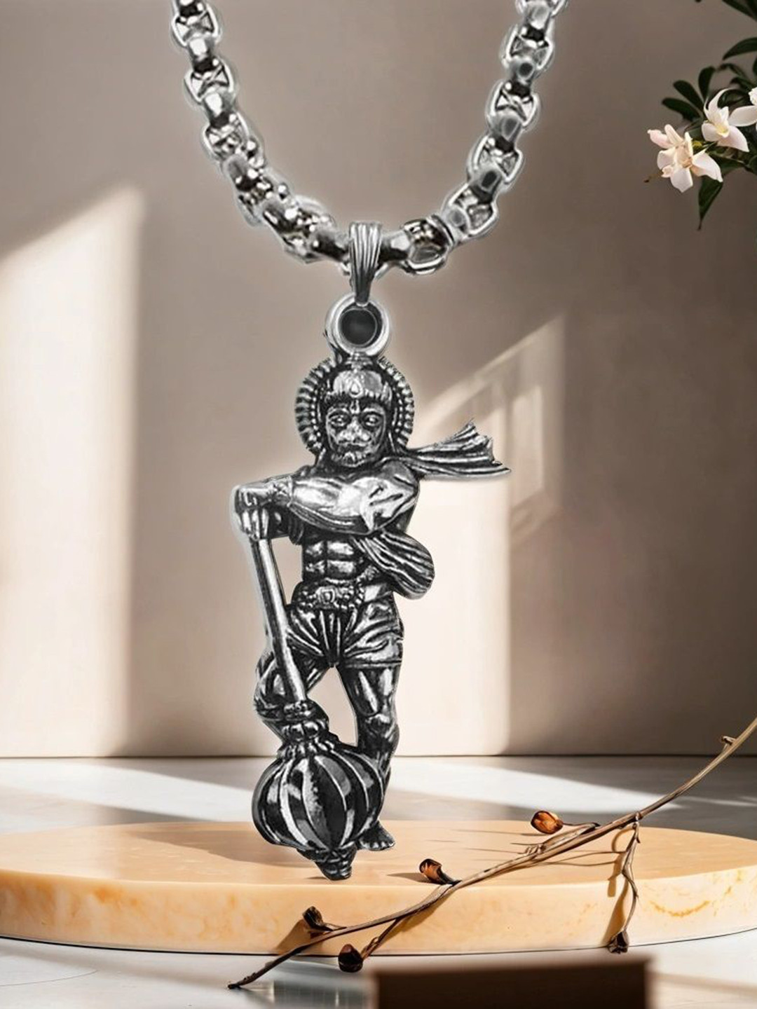 Uniqon Set Of 2 Micro-Carved Standing Hanuman Chalisa Gada Plate Pendants with Chains