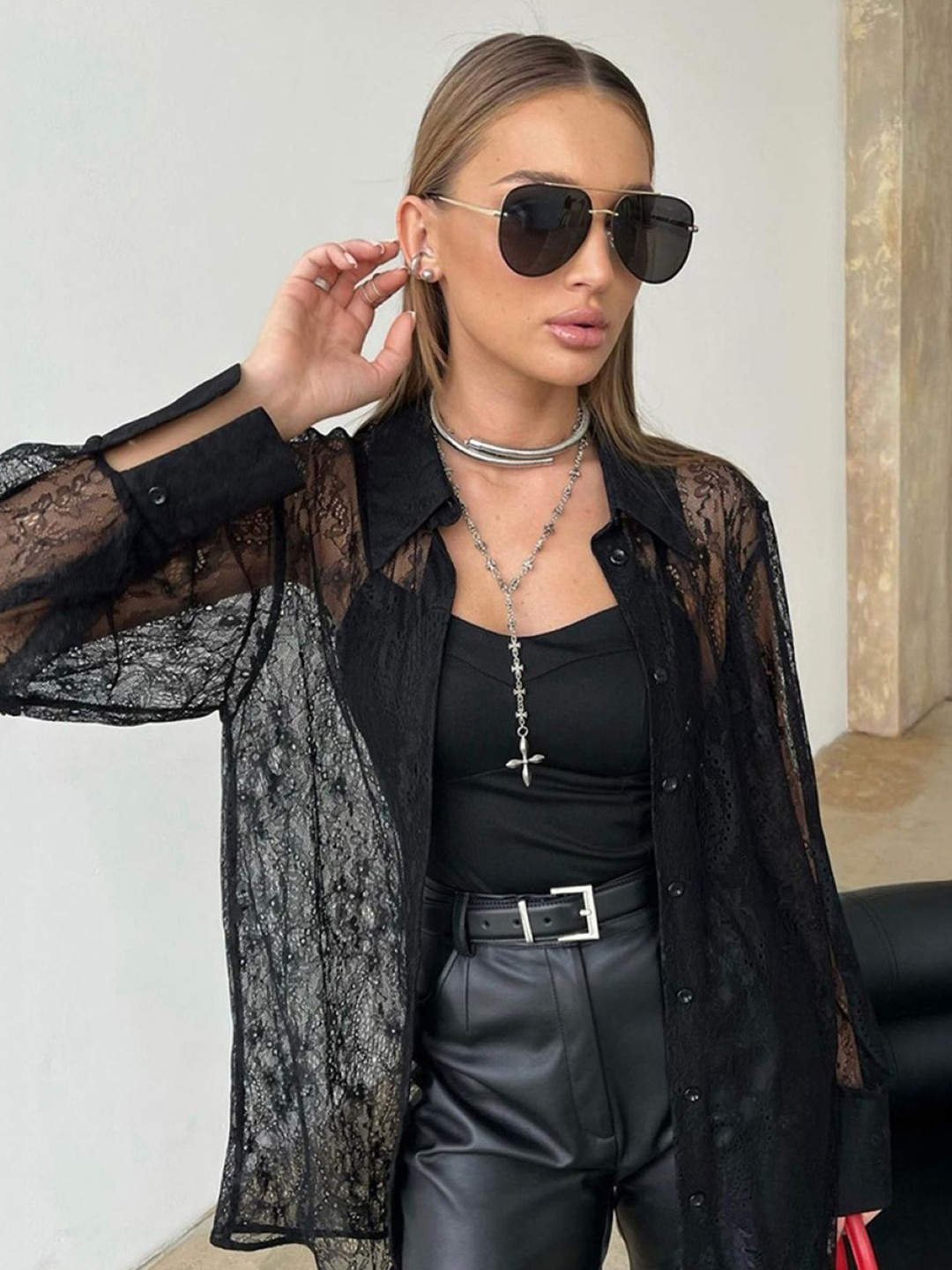 bebe Black Sheer Lace Relaxed Fit Button Up Shirt with Contrast Cuffs