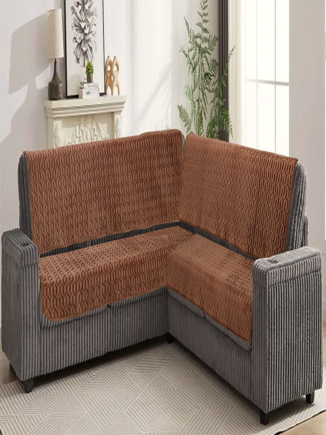 Fashion Throw Brown 4 Pieces Self Design L-Shaped Velvet Sofa Covers