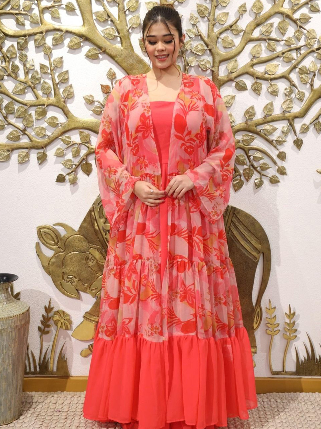 Swadeshi ShringaarWomen Floral Print Georgette Maxi Dress With Printed Shrug