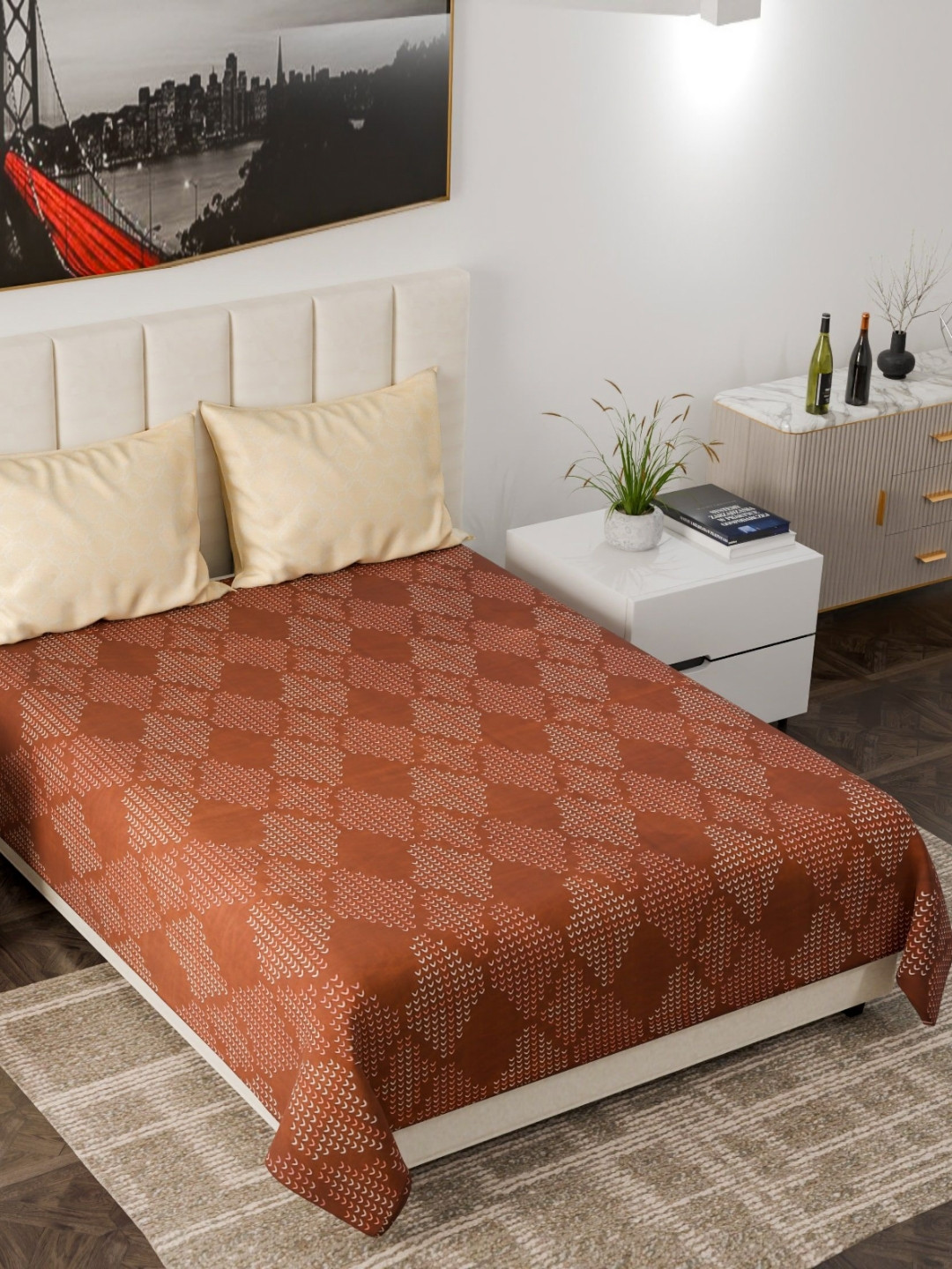 Nivasam Havemore Brown Geometric Polycotton 162 TC King Bedsheet with 2 Pillow Covers-90 x 100 inches