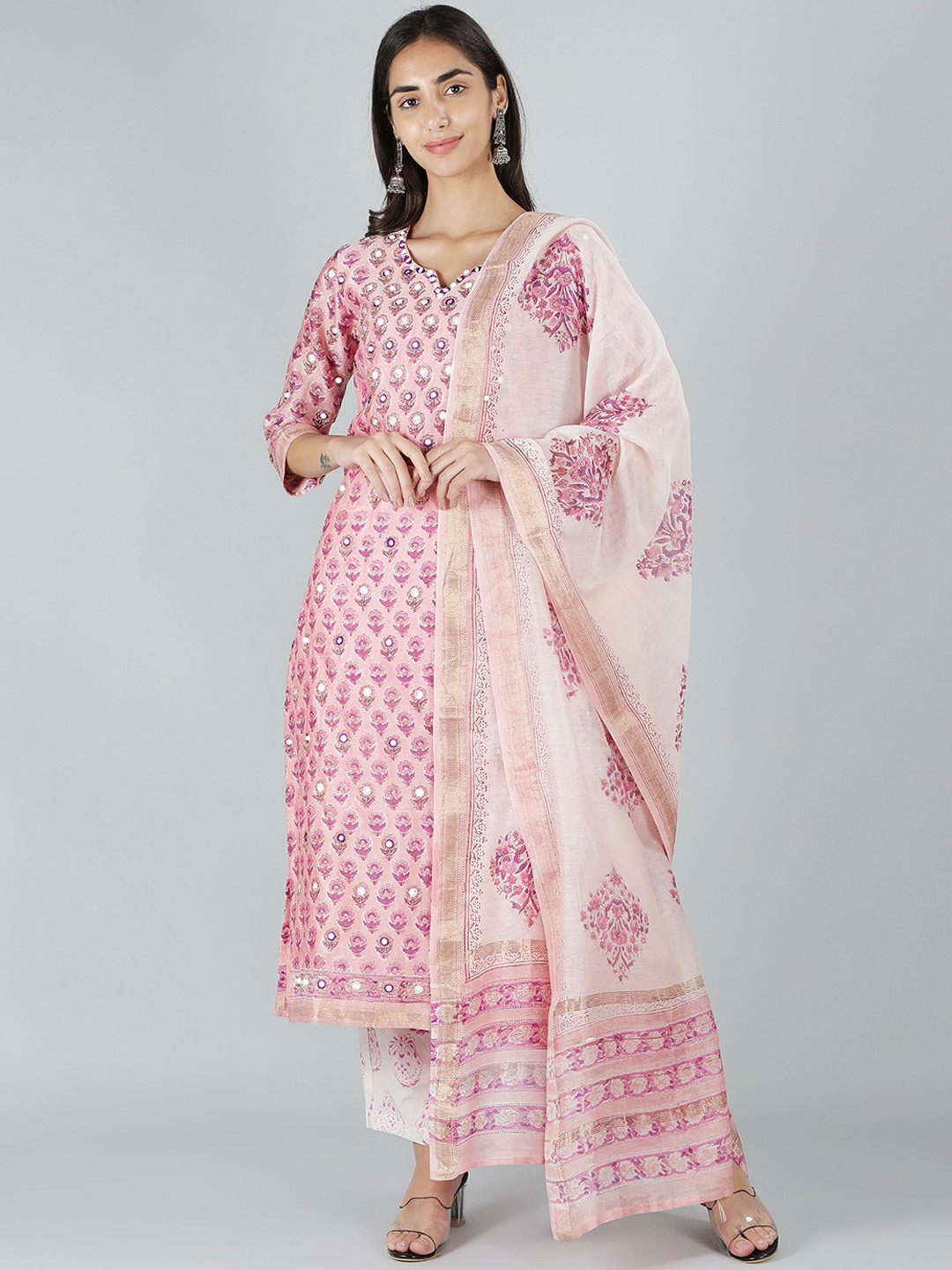 Sheeshakari Floral Printed Mirror Work Pure Silk Kurta With Trousers & Dupatta