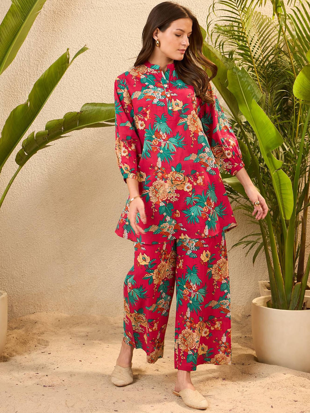 IMANA Printed Mandarin Collar Neck Top With Palazzos Co-Ords