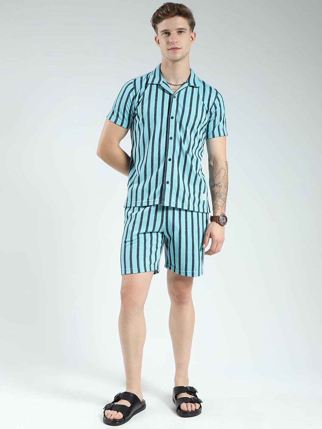 Monte Carlo Striped Pure Cotton Collared Shirt & Bermuda Shorts Co-Ord Set