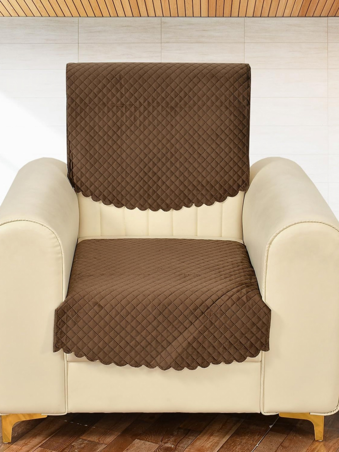 Aura Brown Geometric Velvet Quilted 2PC Straight Single Seater Sofa Cover-60x27In