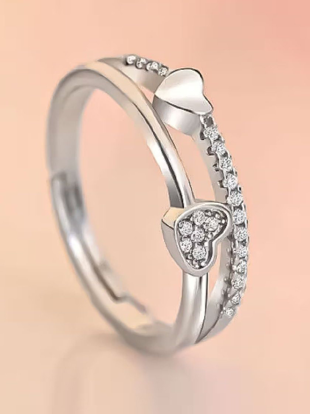 Stylewell Silver-Plated Crystal Studded Love Double Heart Adjustable Finger Knuckle Rings
