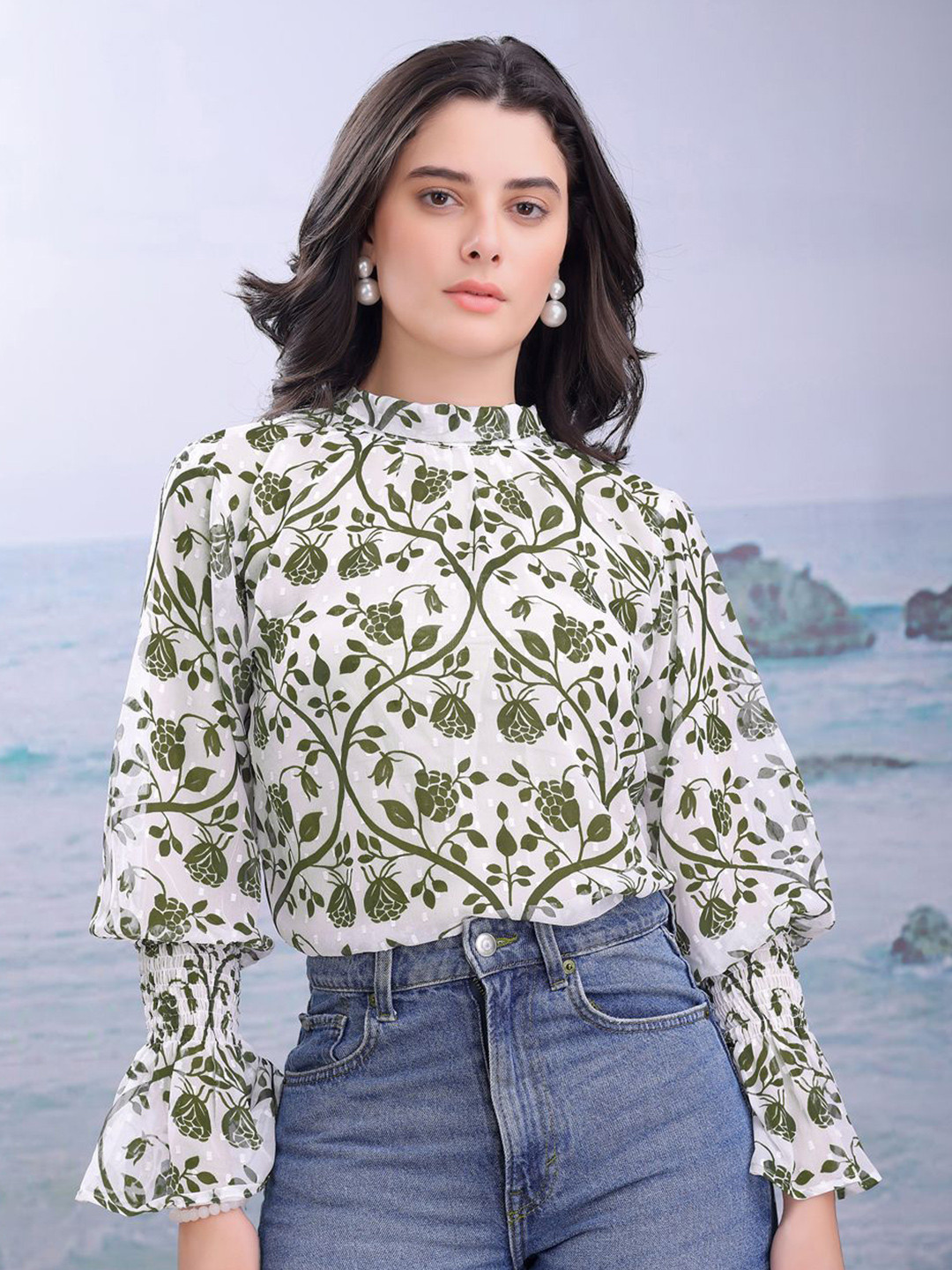 PURVAJA Women Green Printed Georgette Regular Top