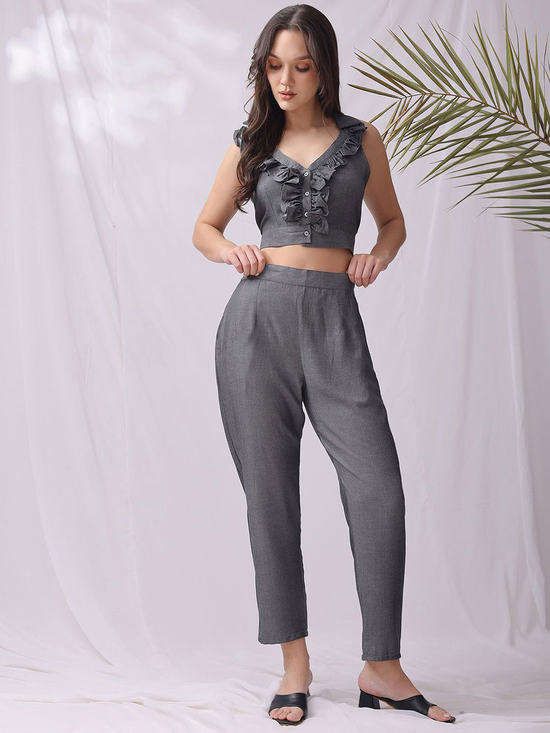 BEYOND ETHNIC V-Neck Frilled Cropped Shirt With Trouser Co-Ords