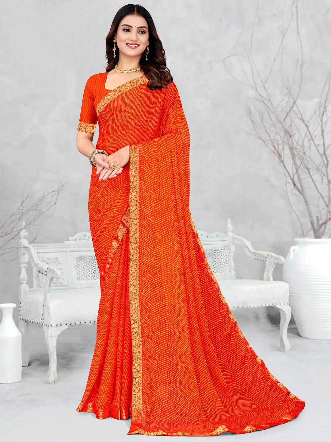 KALINI Orange Chiffon  Printed Daily Wear Saree