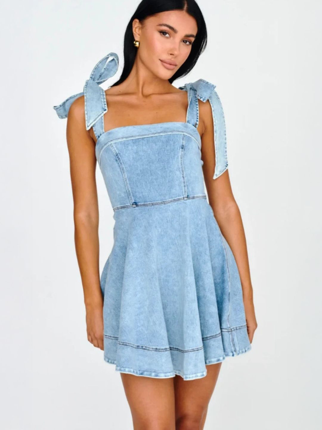 bebe Denim Tie-Shoulder Straps Fit & Flare Mini Dress