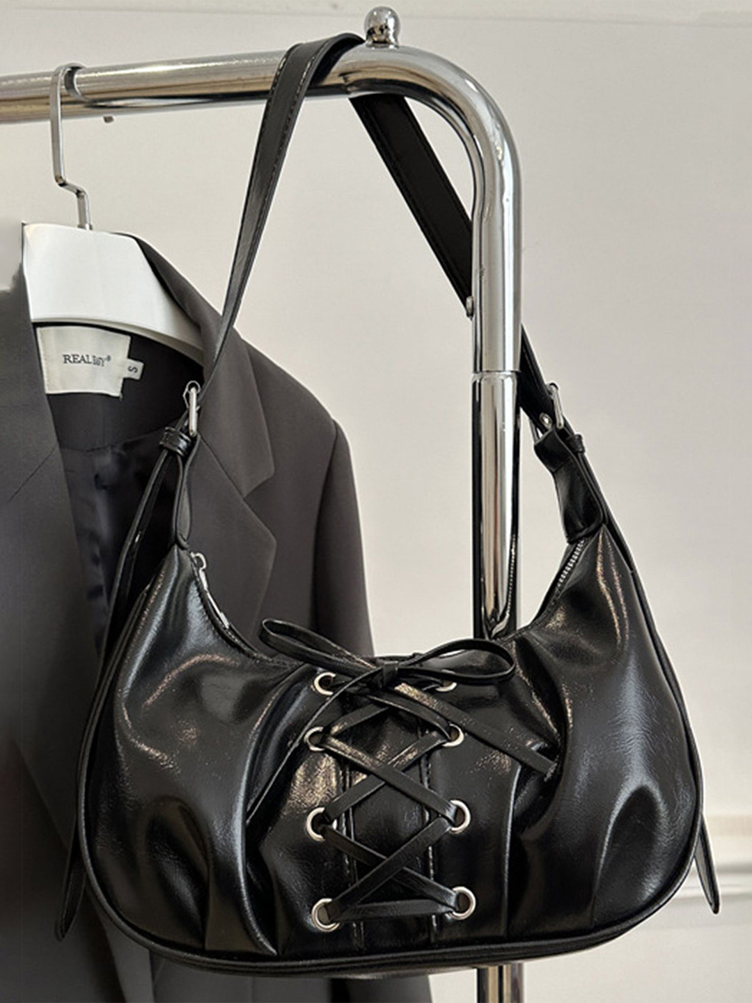 LULU & SKY PU Baguette Front Lace-Up Shoulder Bag