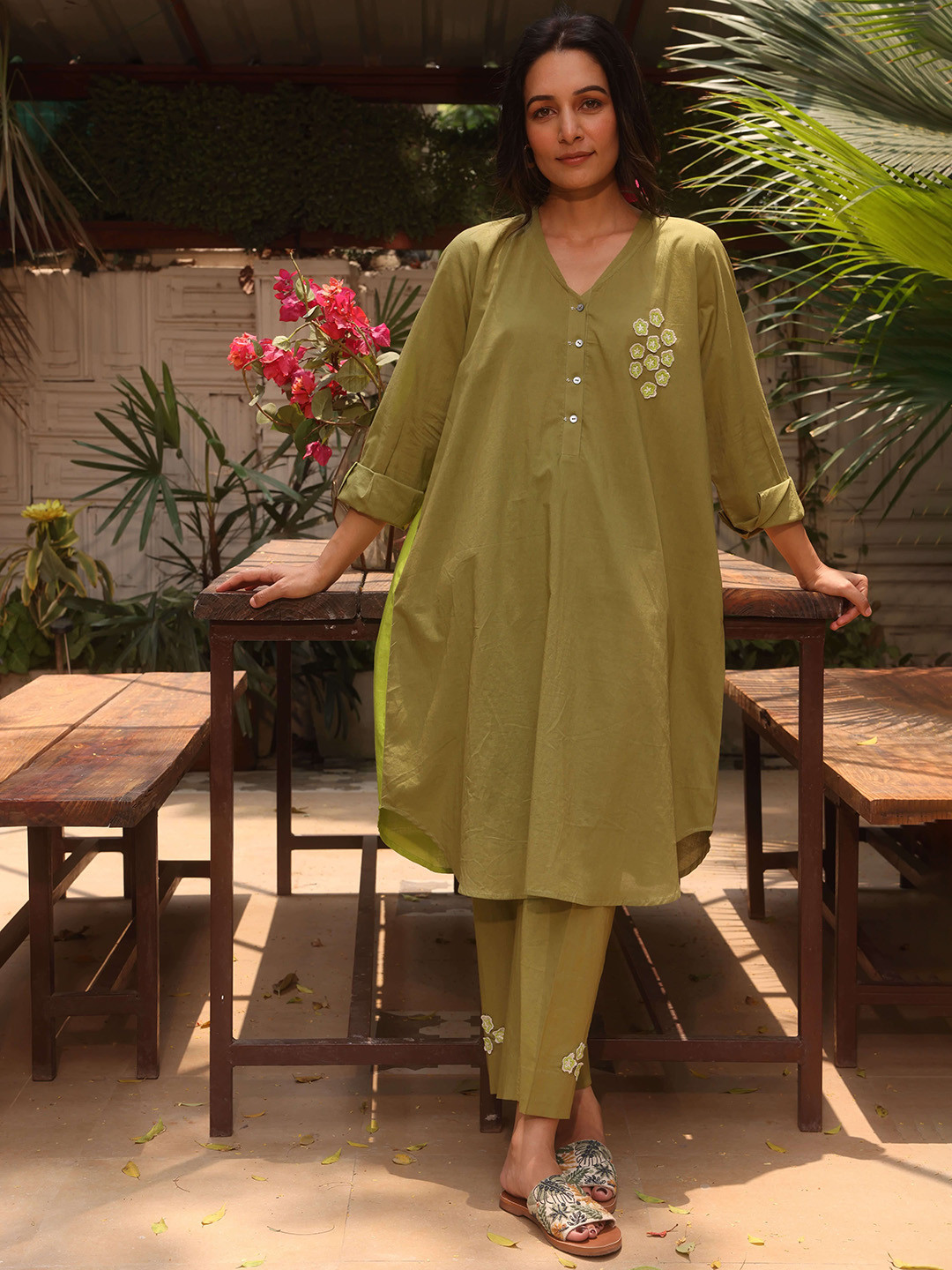 Raas by Ekta V-Neck Applique Work Top With Trouser Co-Ords