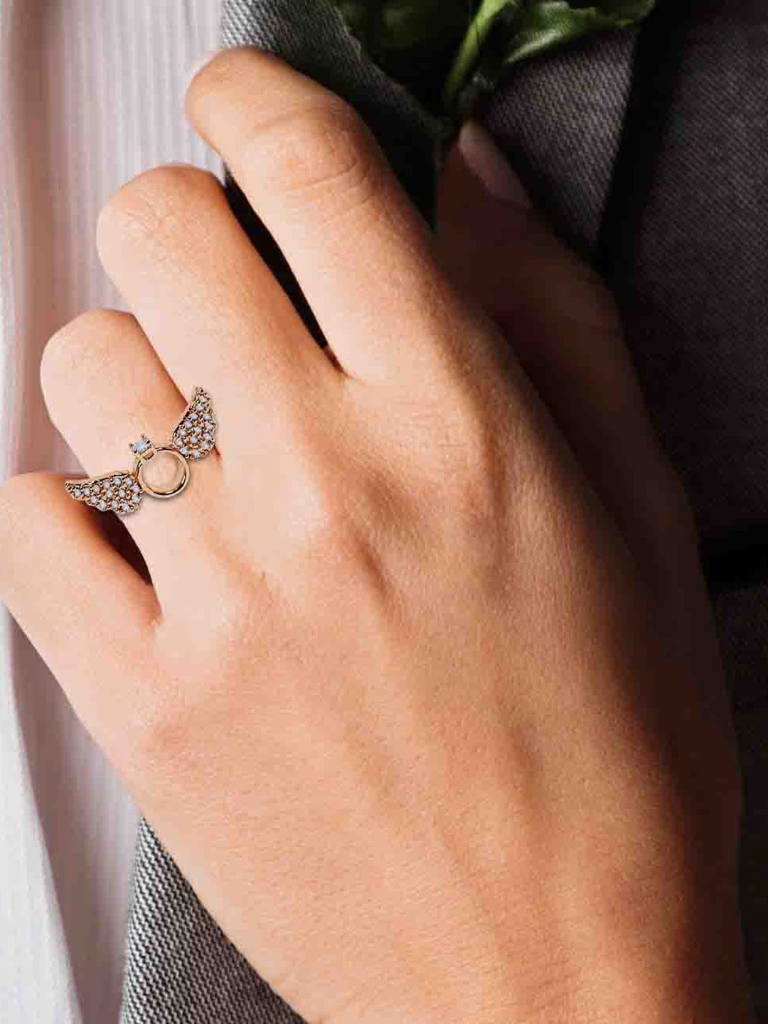 Stylewell Rose Gold-Plated Stone Studded Angel Wings Charming Knuckle Finger Ring