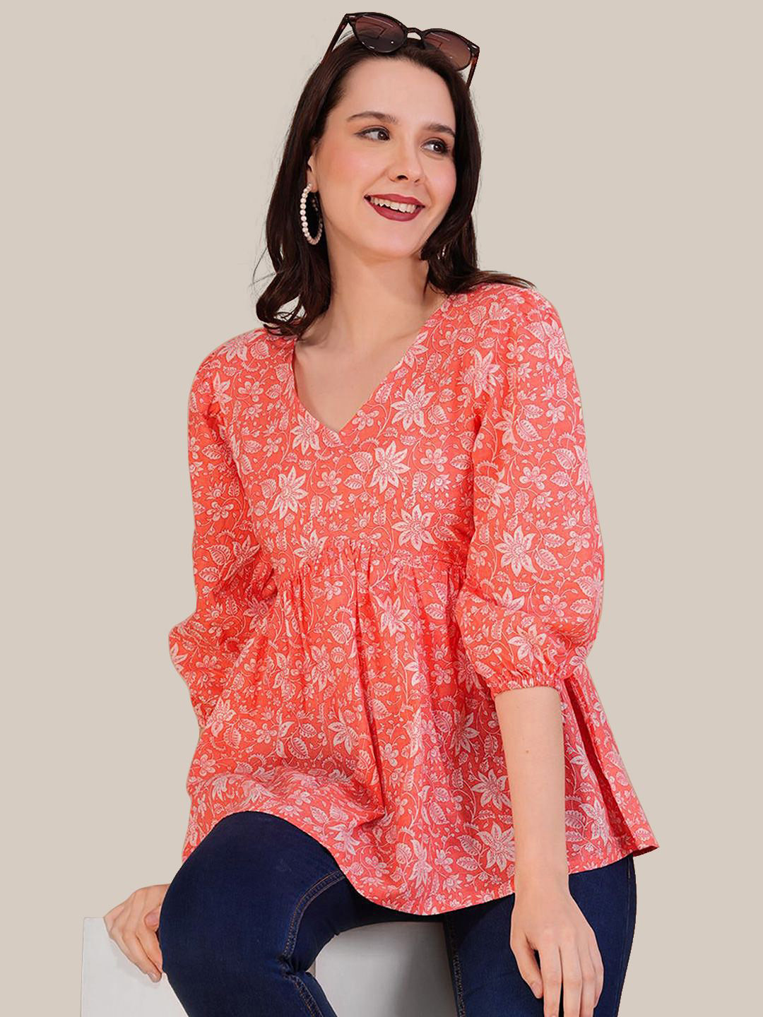 Dream Beauty Fashion Women Floral Printed Puff Sleeve Empire Longline Top