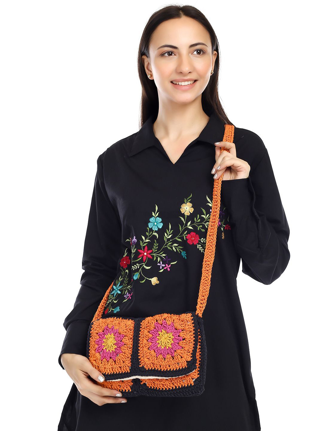 ITIHASIKALA Floral Textured Structured Cotton Boho Crochet Sling Bag