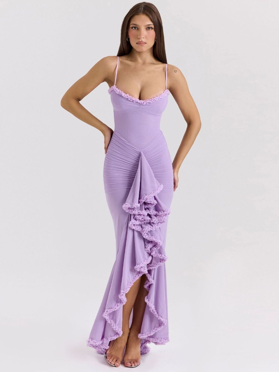 bebe Women Shoulder Straps Lace Frills Bows and Ruffles Bodycon Maxi Dress