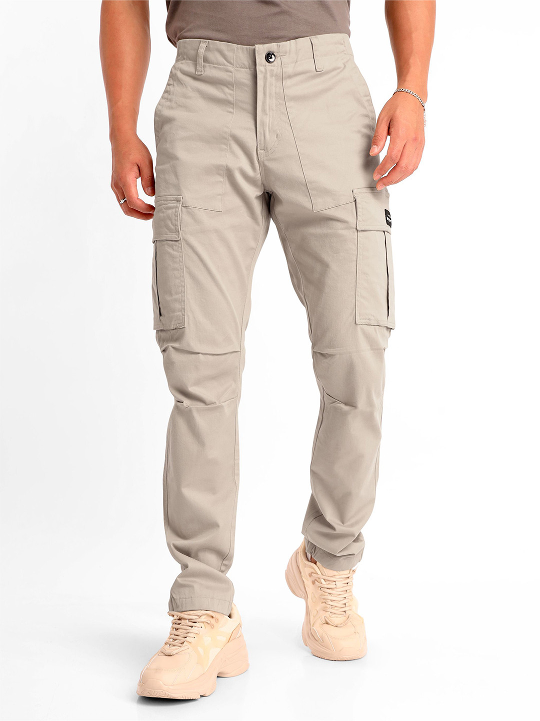 Beyoung Men Cream Cargo Pants for Men
